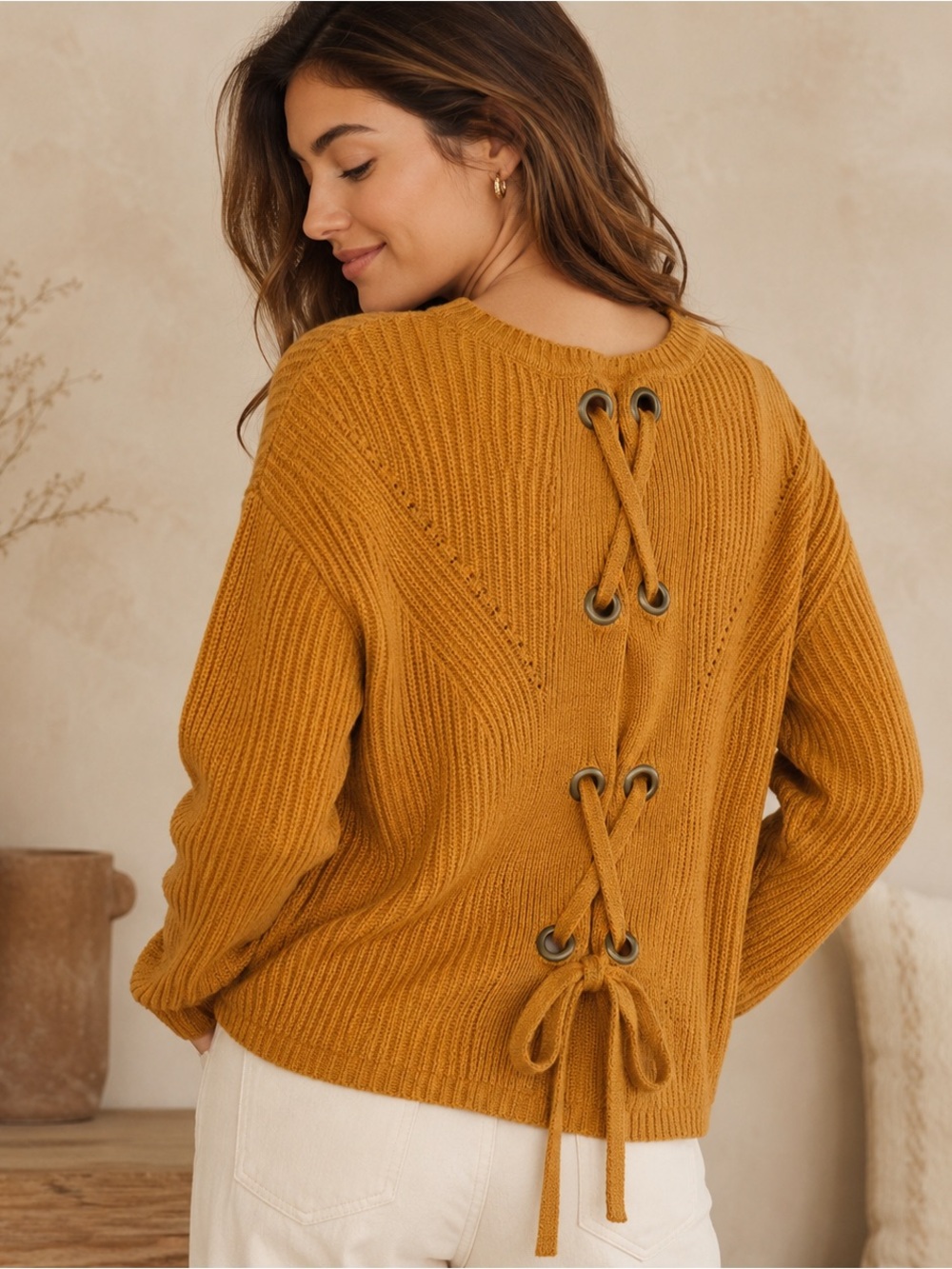 Lucky Brand Mustard Lace Up Back Cotton Ribbed Sweater Size M